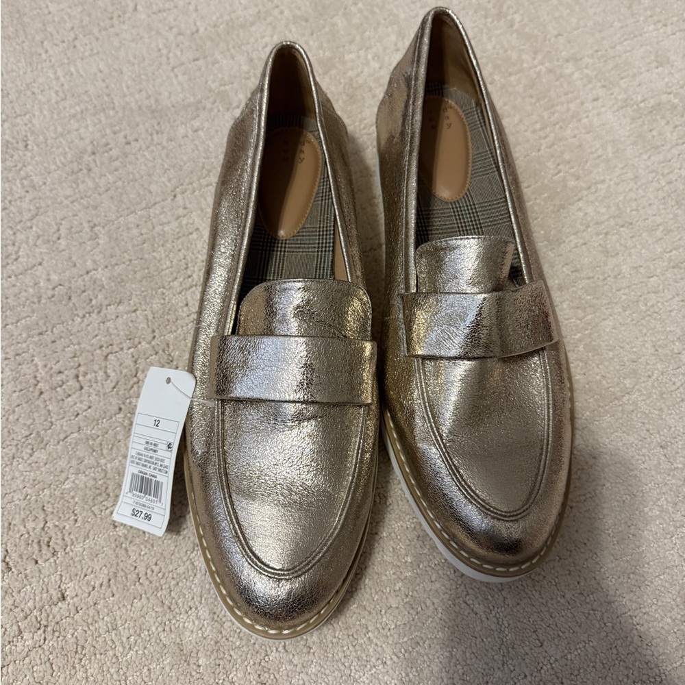 Brand new- Gold Penny Loafers size 12